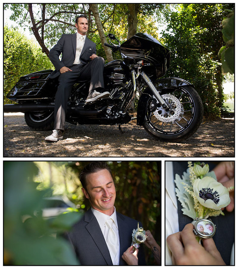 Groom getting pinned with special boutonniere at Garden Valley Ranch